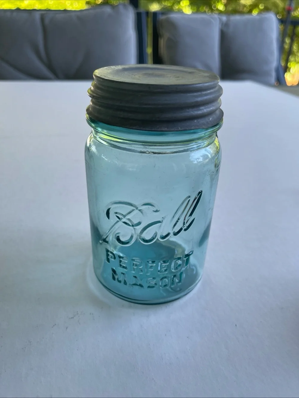 Antique Mason Aqua Glass Storage Jar with Lid